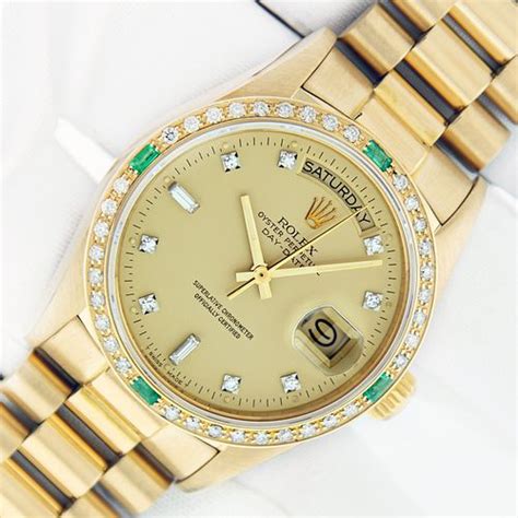 rolex day date emerald bezel|rolex diamond bezel price.